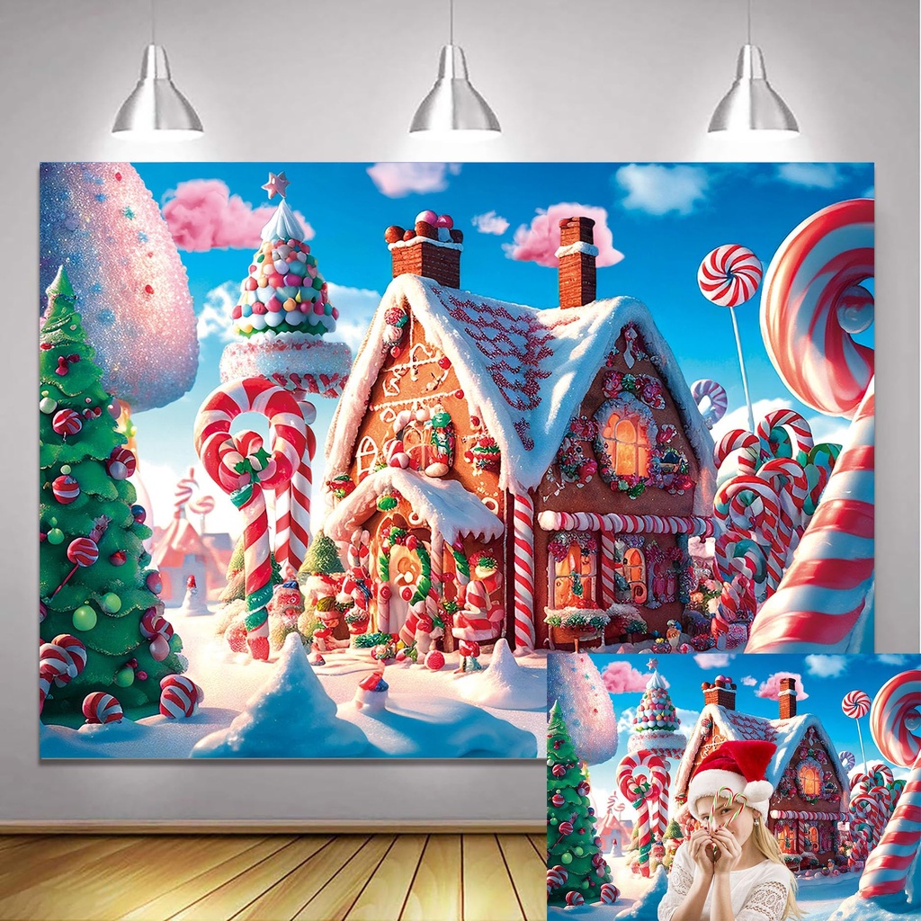 BINQOO 7x5FT Christmas Candy Town Backdrop Cartoon Gingerbread House Lollipop Xmas Tree Bac