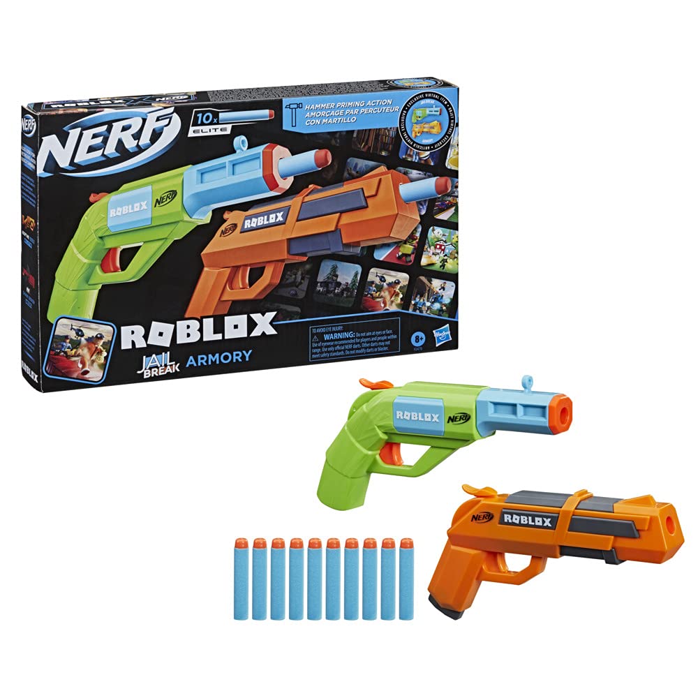 NERF Roblox Jailbreak: Armory, Includes 2 Hammer-Action Blasters, 10 Elite Darts, Code to Un