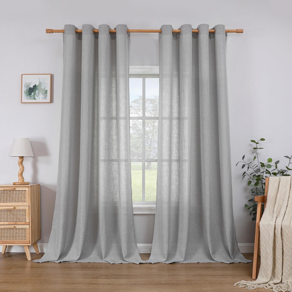 CUCRAF Linen Curtains Eyelet Sheer Net Voile 2 Panels 55" Width x 84" Drop Light Grey