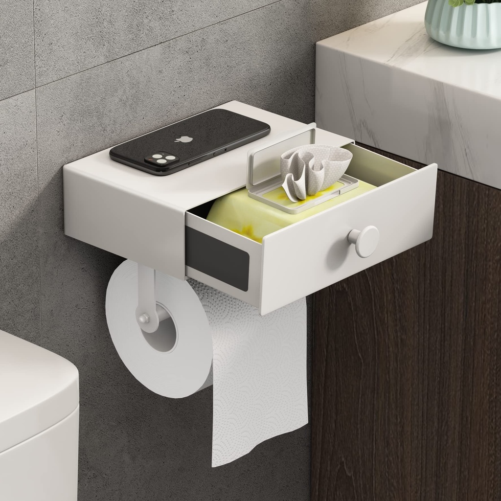 Toilet Roll Holder with Shelf VOLDRA Toilet Paper Holder with Drawer Storage Self-Adhesive