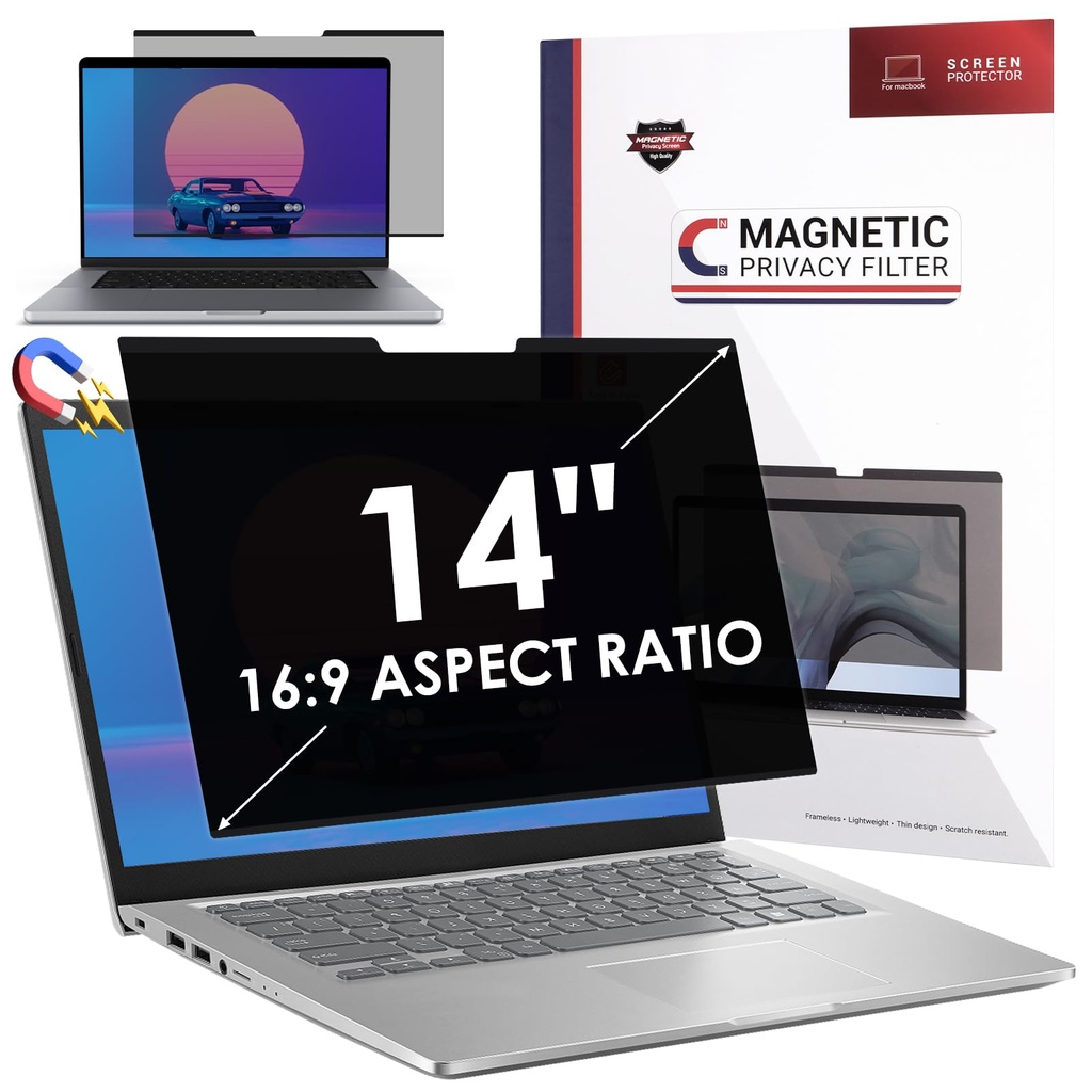 SOPPY 14 Inch 16:9 Magnetic Privacy Screen for Laptop, Removable Protector Anti-Glare Blue