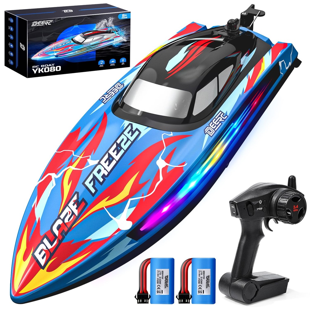 DEERC Fast RC Boat for Pool & Lake with LED Light, 20+MPH, 40+ Mins, Self Righting Remote Co