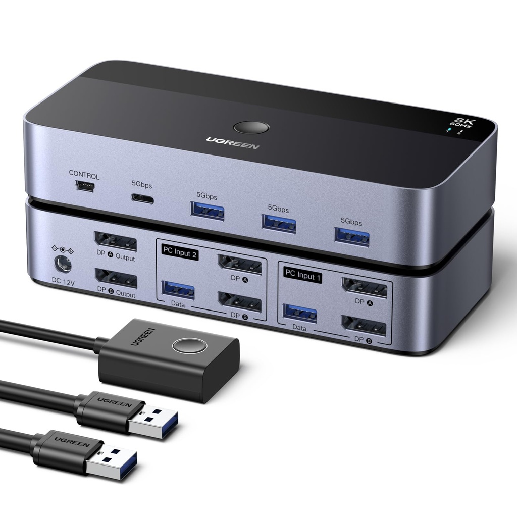 UGREEN 8K@60Hz Displayport KVM Switch 2 Monitors 2 Computers Support 4K@240Hz, 4 Port USB KV
