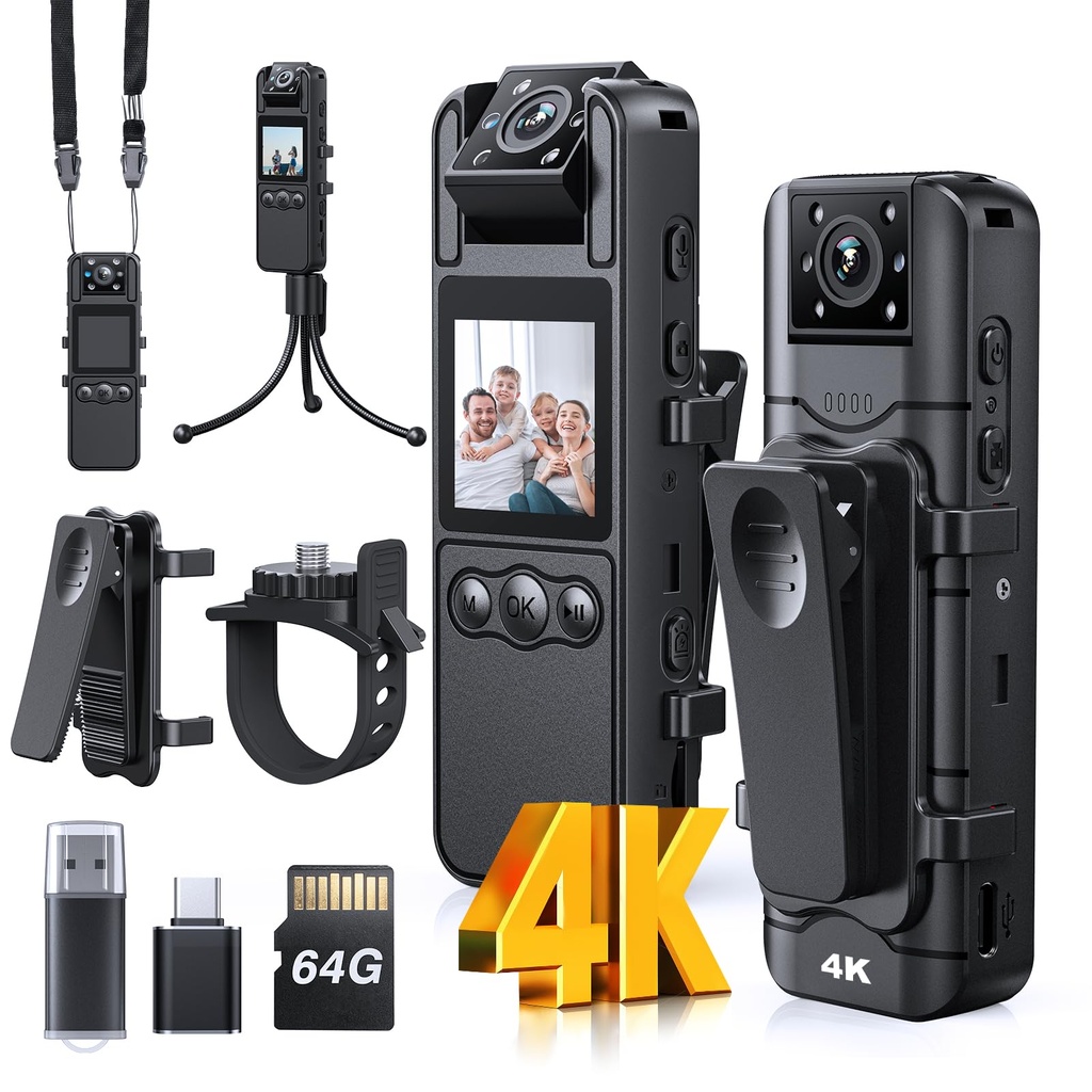 BOBLOV Mini Body Camera 4K 64GB with Rotation Lens, Small Bodycams with Night Vision, 6 Hrs