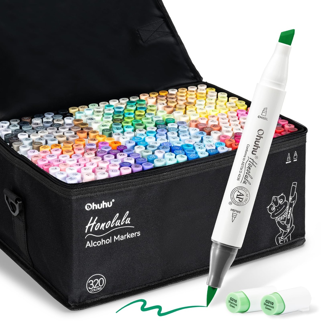 Ohuhu Alcohol Markers Brush Tip - 320-color Double Tipped Art Sketch Marker Set for Artists