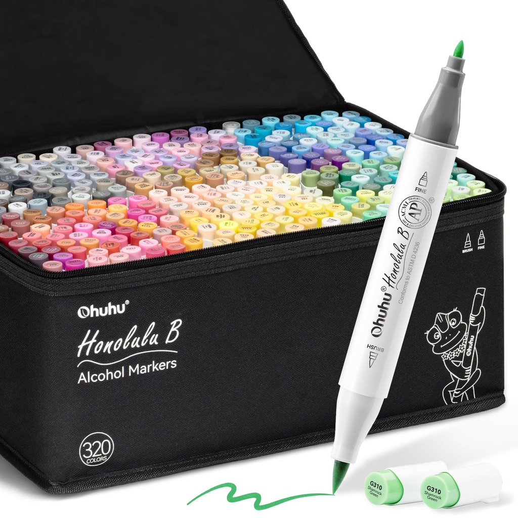 Ohuhu Refillable 320 Colors Alcohol Markers Brush Tip- Double Tipped Alcohol-based
