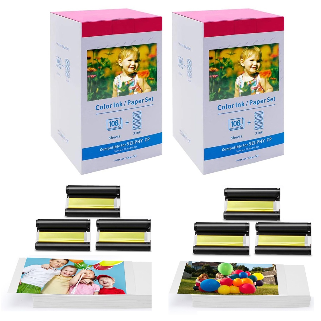 2 Pack KP-108IN Compatible with Canon Selphy CP1500 Photo Paper and Cartridge for Selphy CP1