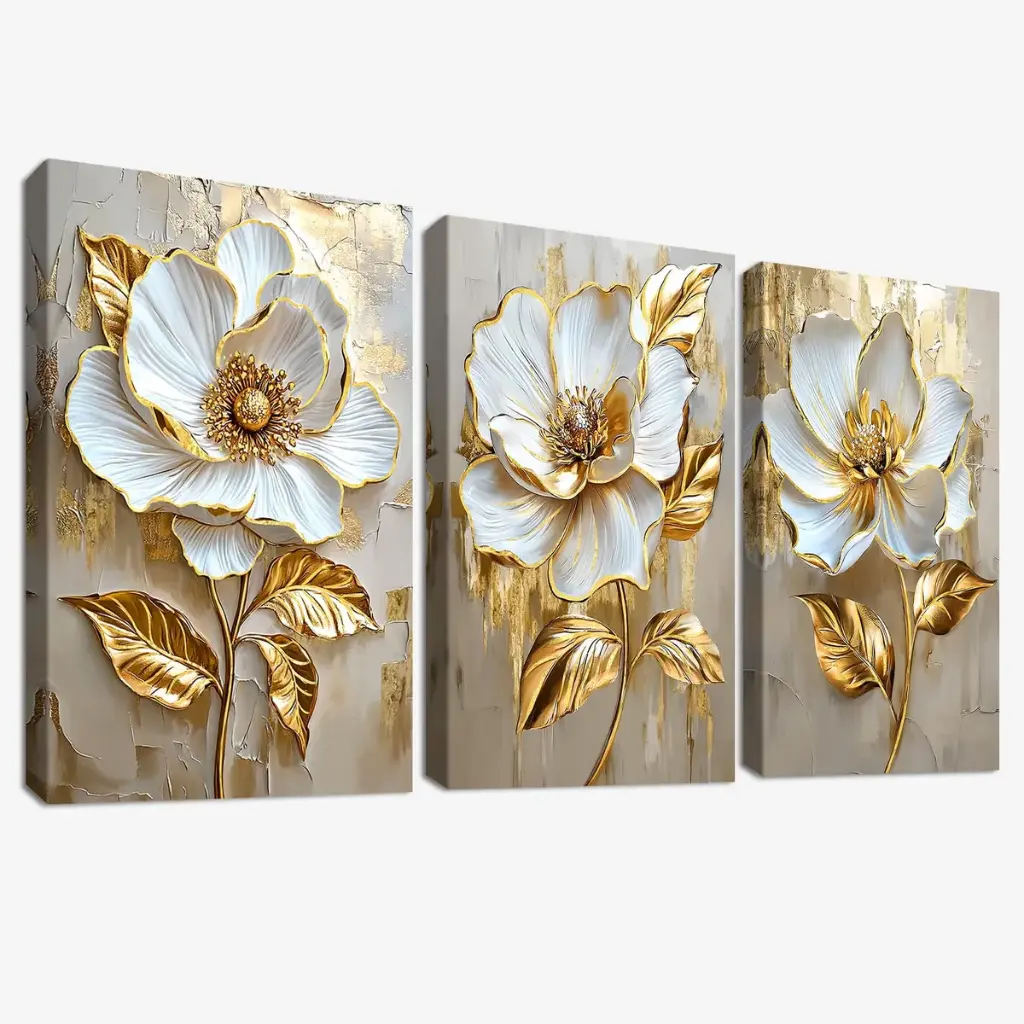 3Pcs Wooden Framed Canvas Wall Art Luxury White Peony Flowers Painting Floral Beige Golden