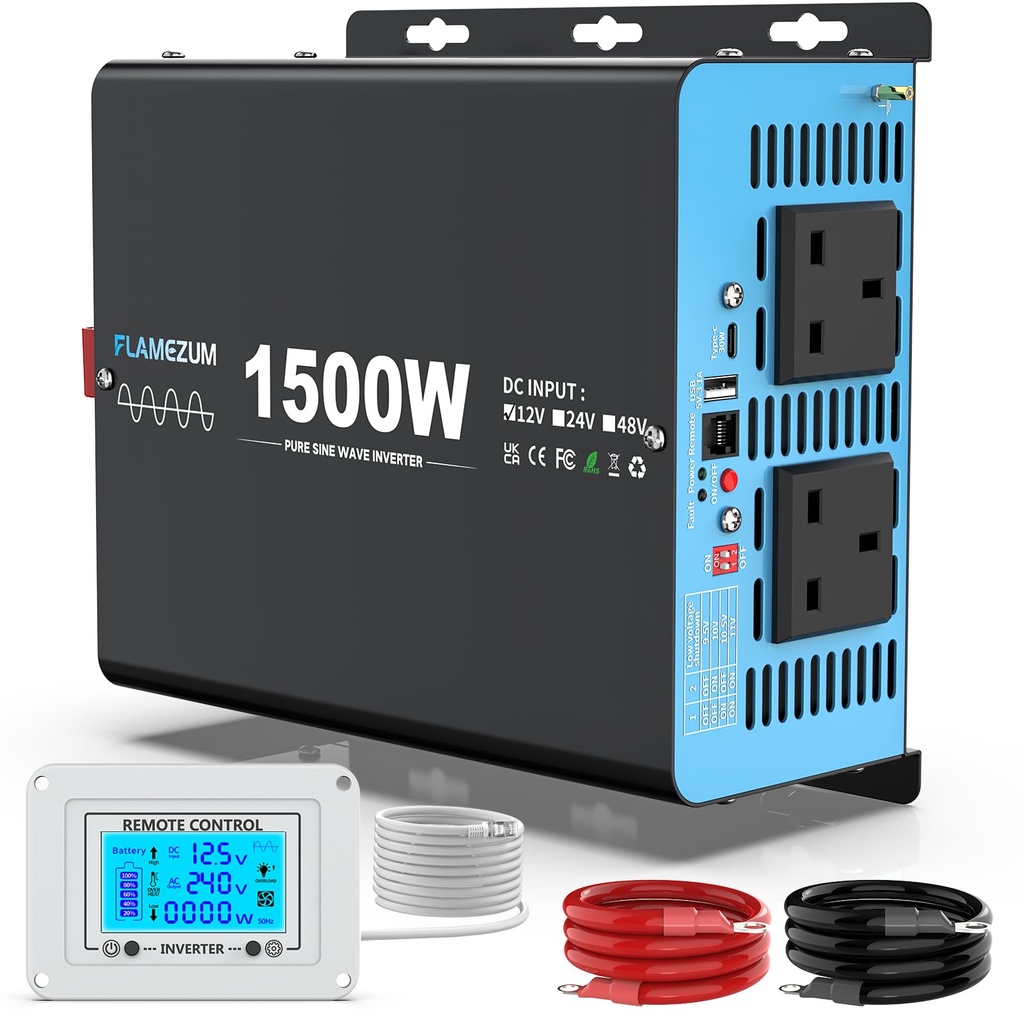 FLAMEZUM Inverter12V to 240V 1500w/3000w Peak Pure Sine Wave Power Voltage Converter 
