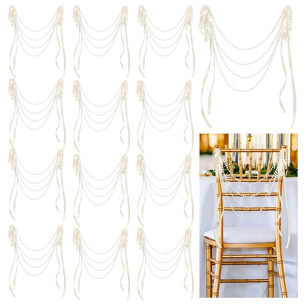 TWINKLEMON 20 Pcs Wedding Pearl Bows Chair Decorations, Bows Chair Sashes with Pearl Beaded