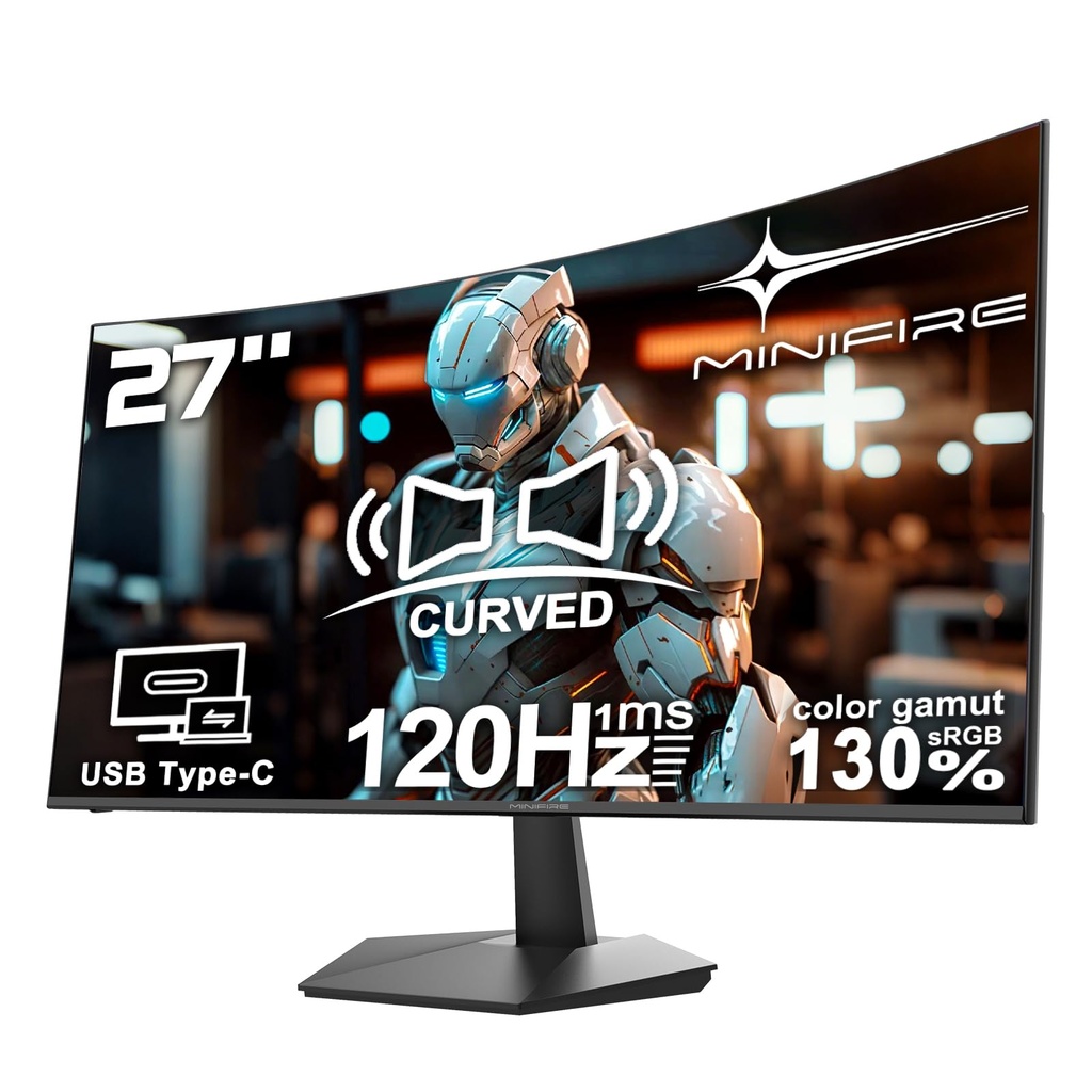Minifire 27 Inch 120Hz Curved Monitor, USB Type-C Port, Built in Speaker
