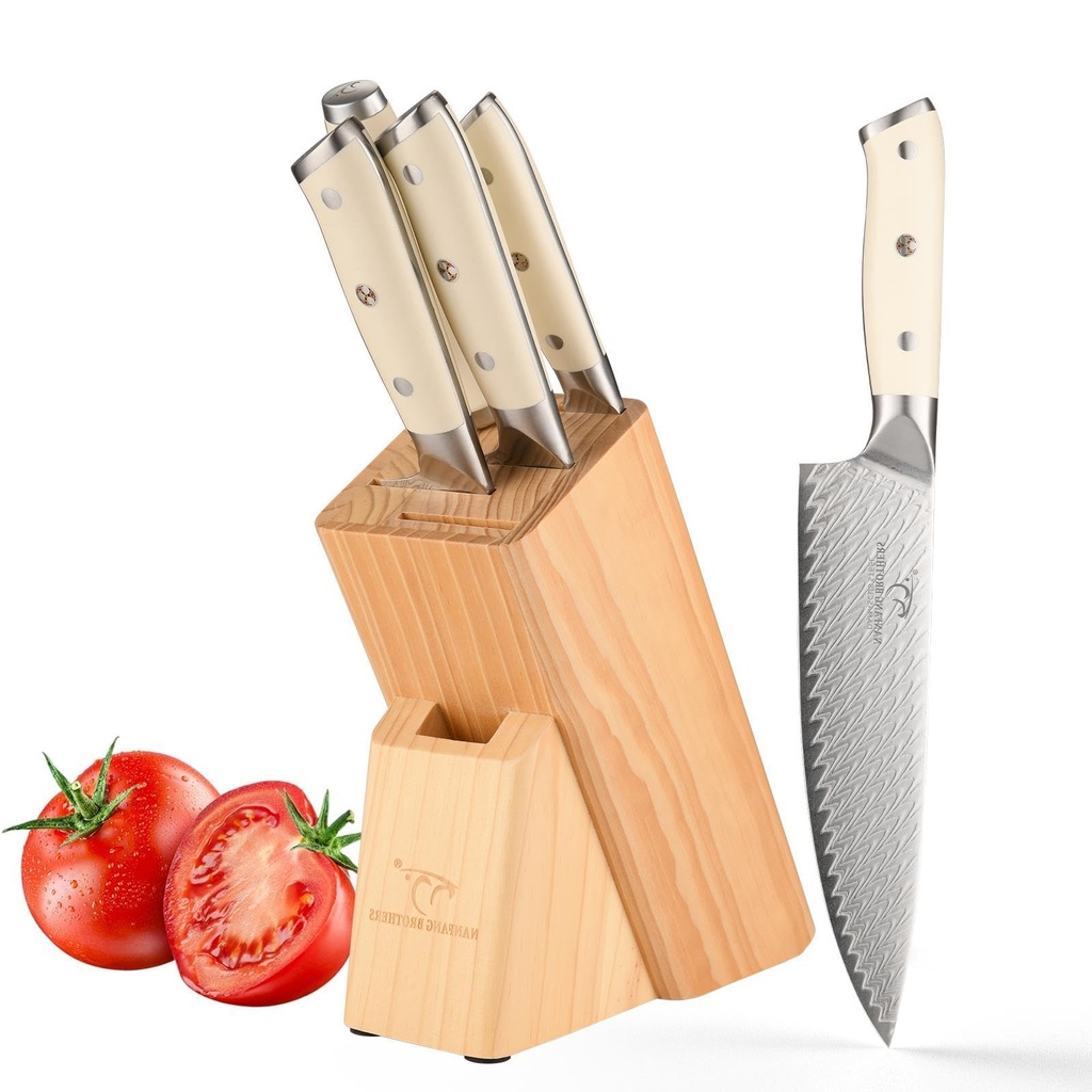 NANFANG BROTHERS Five-Piece Kitchen Knife Set, Damascus Chef's Knife Set with Block, Ergono