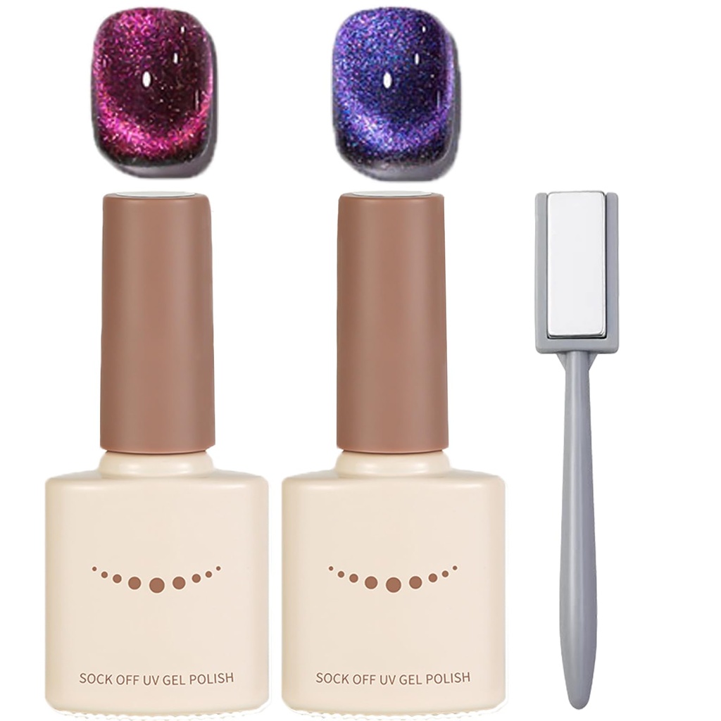 2PCS Glitter Cat Eye Gel Polish Set - Purple & Pink Sparkle UV/LED Soak-Off Varnish with Mag