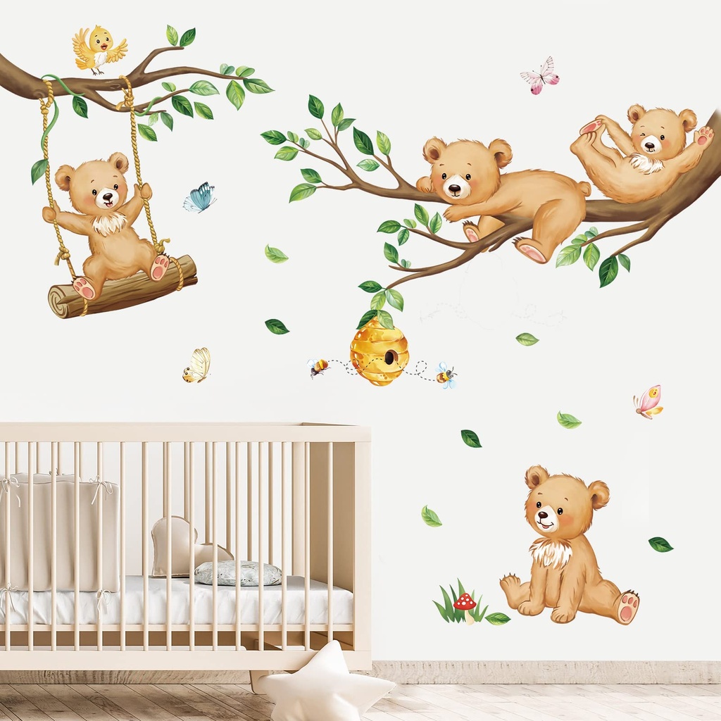 decalmile Woodland Bear Wall Decals Animal Tree Branch Wall Stickers Baby Nursery Kids Bedr