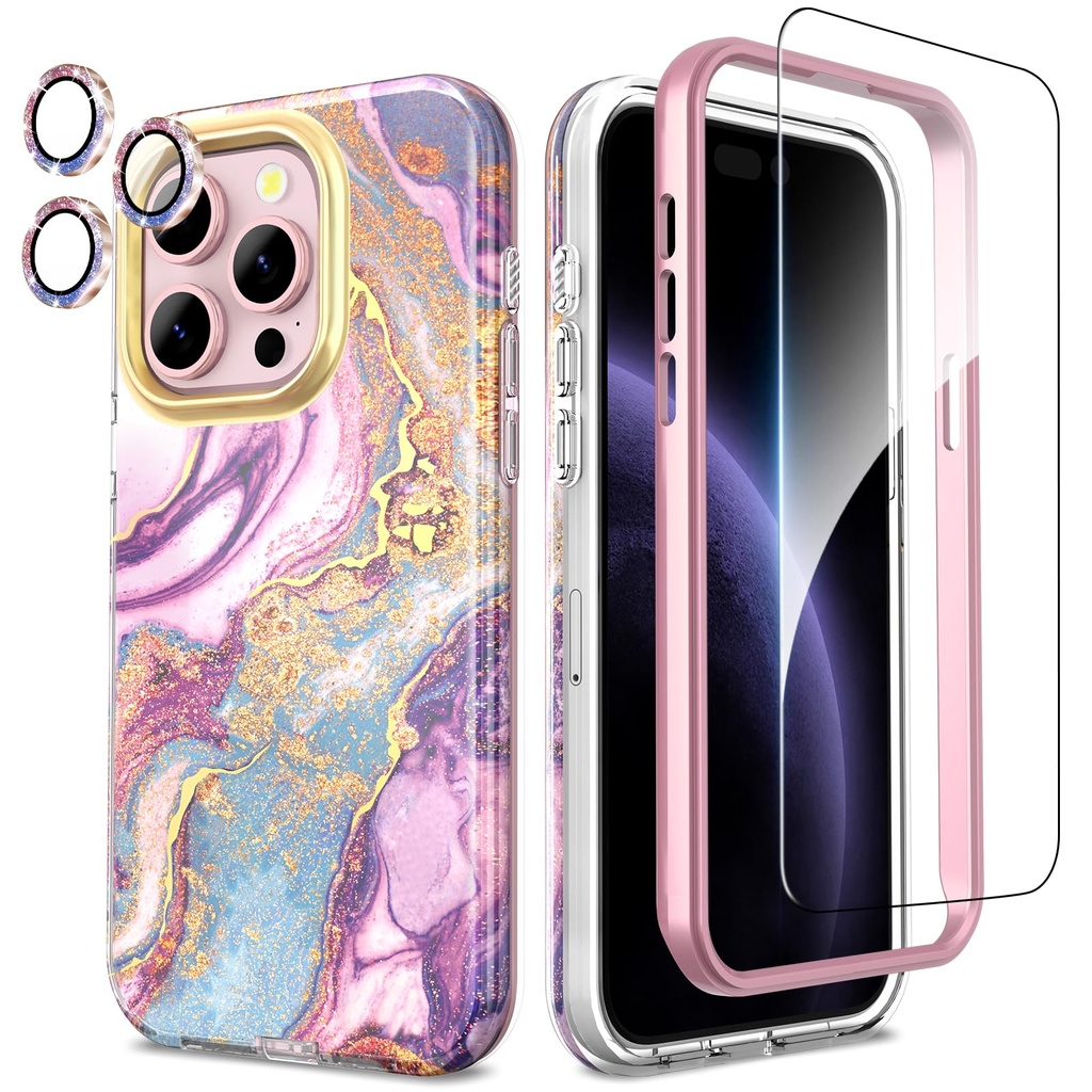 SHEDEER for iPhone 15 Pro Case with Glitter Camera Protector + Screen Protector, Chic Anti-