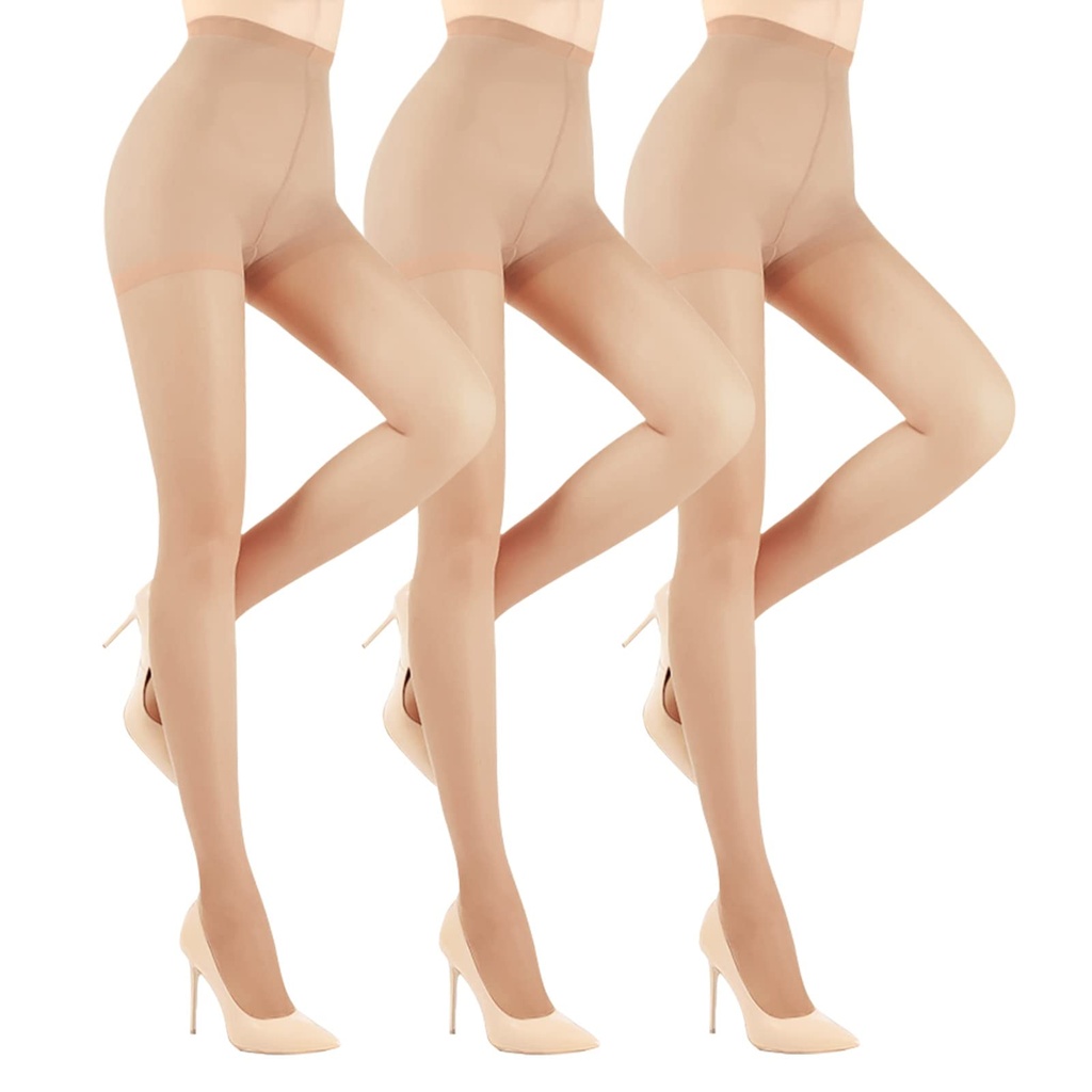 YAGAXI 20D Sheer Tights for Women - 3 Pairs Women's Control Top Pantyhose (Light Nude, XL)