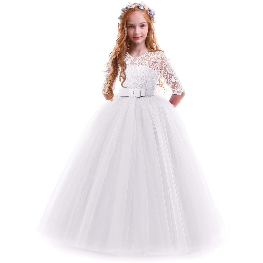 IWEMEK Flower Girls 3/4 Sleeve Floral Lace Tulle First Communion Pageant Dresses Kids Big Gi