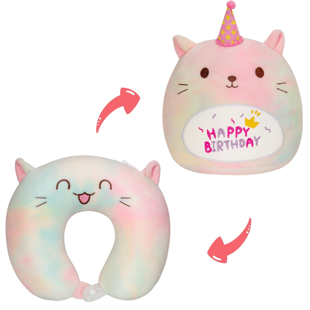 GDGZT Kids Travel Pillow, 2-In-1 Kids Neck Pillow for Travel, Reversible 10 Inch Cat Happy