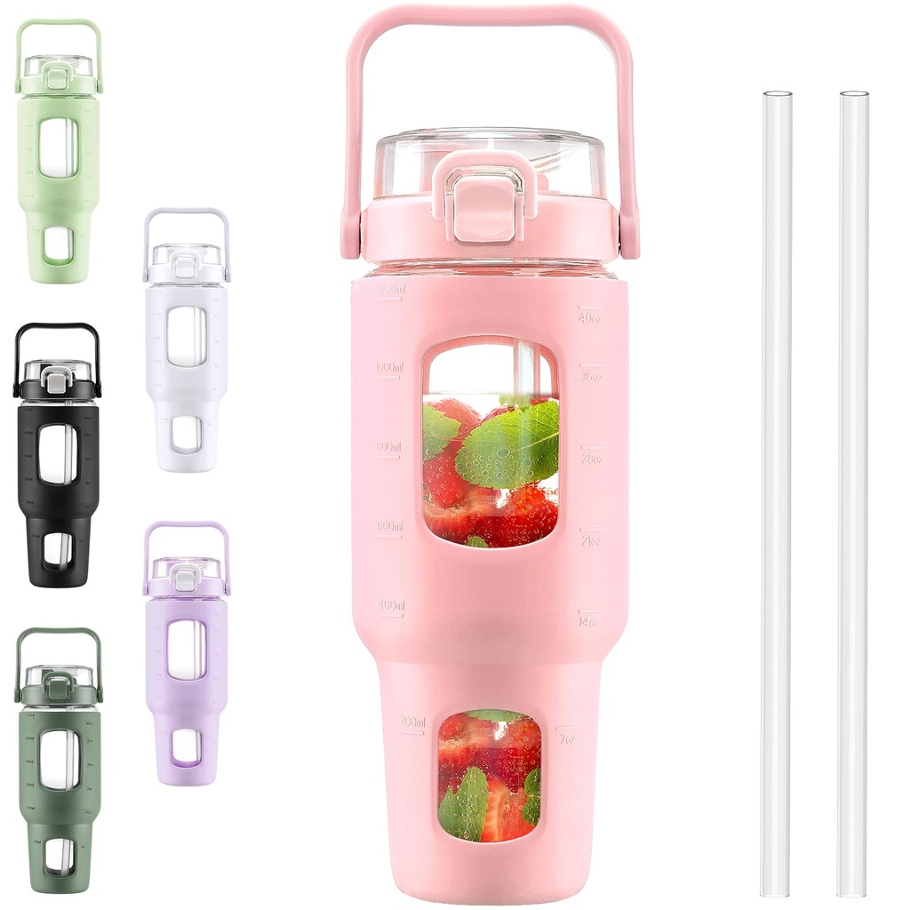 BLUEGO 960ml Glass Water Bottles with Straw Time Marker Half Gallon Large Motivational Wate