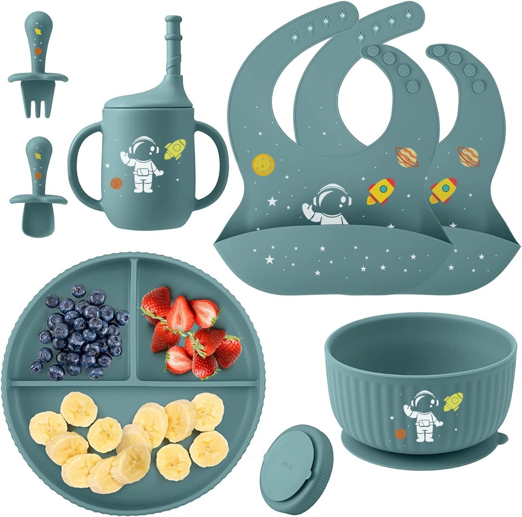 Baby Weaning Set with Pattern, Suction Bowls Sets, Silicone Baby Feeding Set, Baby Weaning
