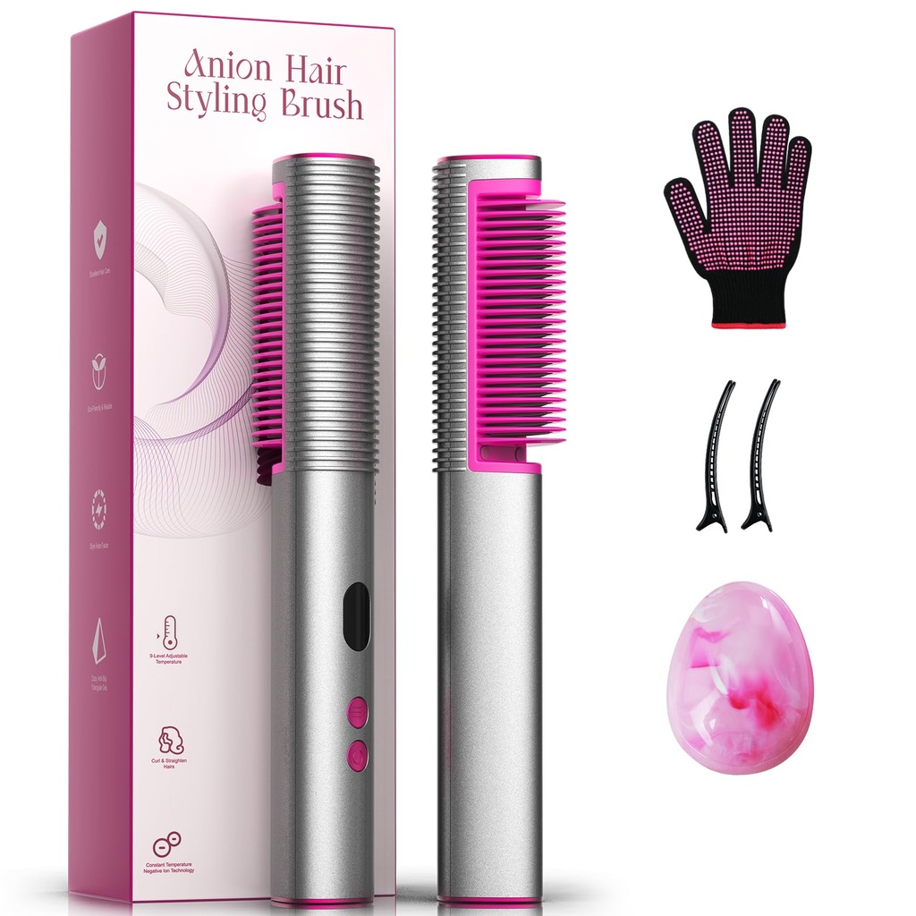 Hair Straighteners Brush, 2-in-1 Ionic Straighten & Smooth Tool for Instant Frizz Control, F