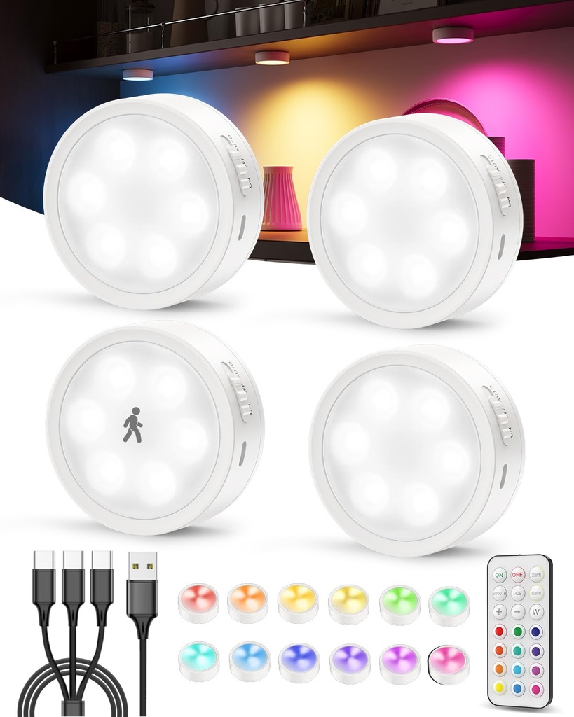 RGB Rechargeable Puck Lights with Remote, 2400mAh Battery Operated Tap Lights Stick On LED