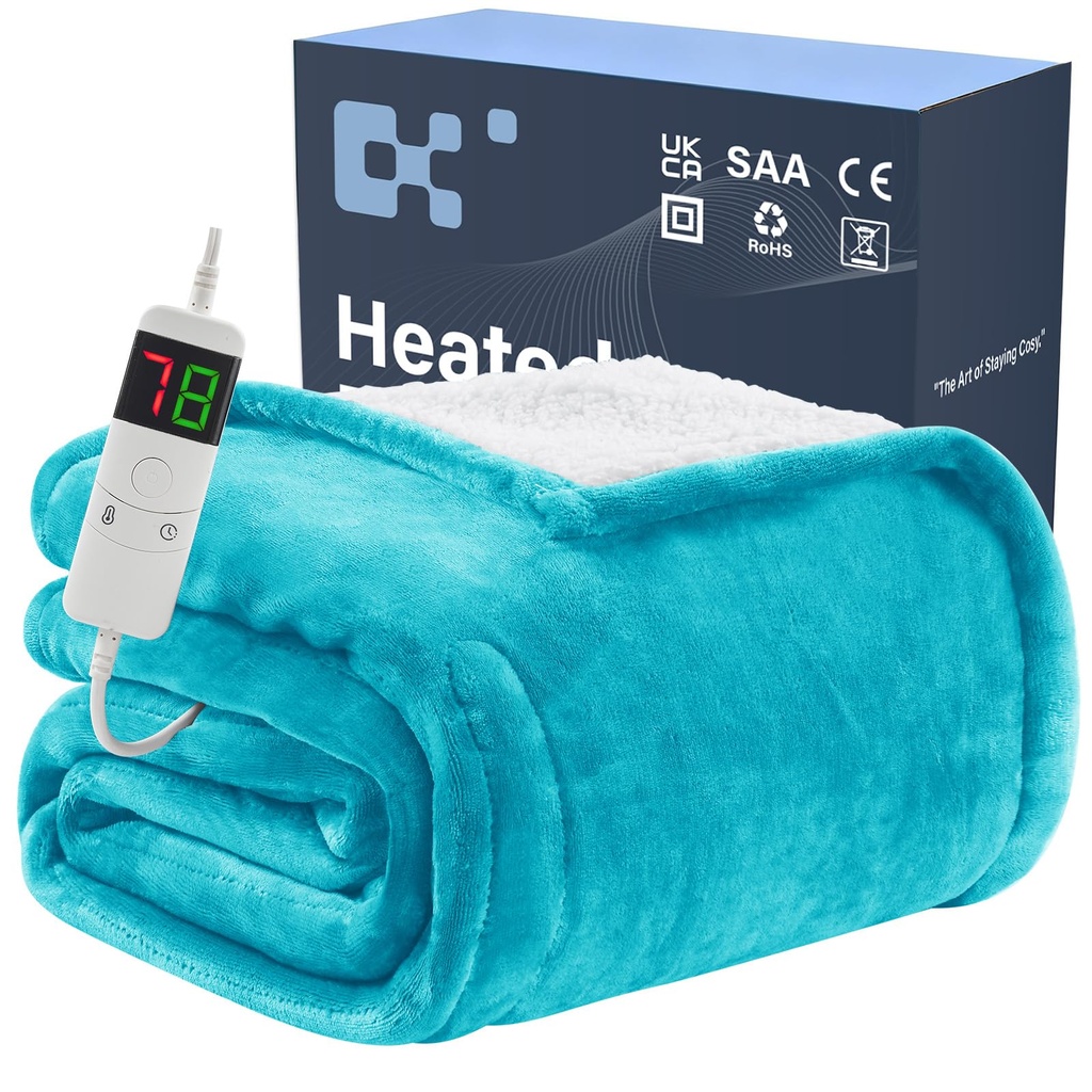 BOMOVA Electric Heated Blanket Single Throw (130x160cm,Teal)-Flannels Fleece Winter Warm Bl