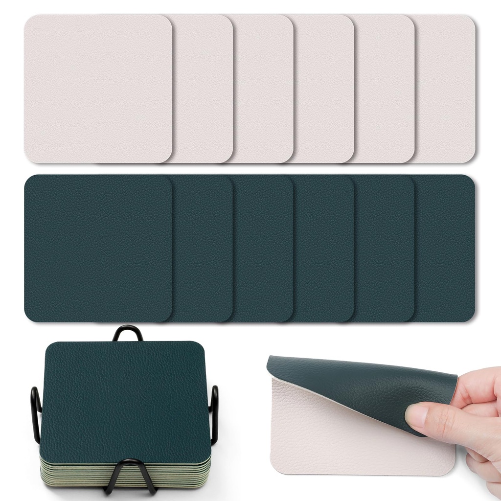 Myir JUN Coasters Glass Coasters set of 12 4 inch Double Sided Faux Leather Coaster Waterpr