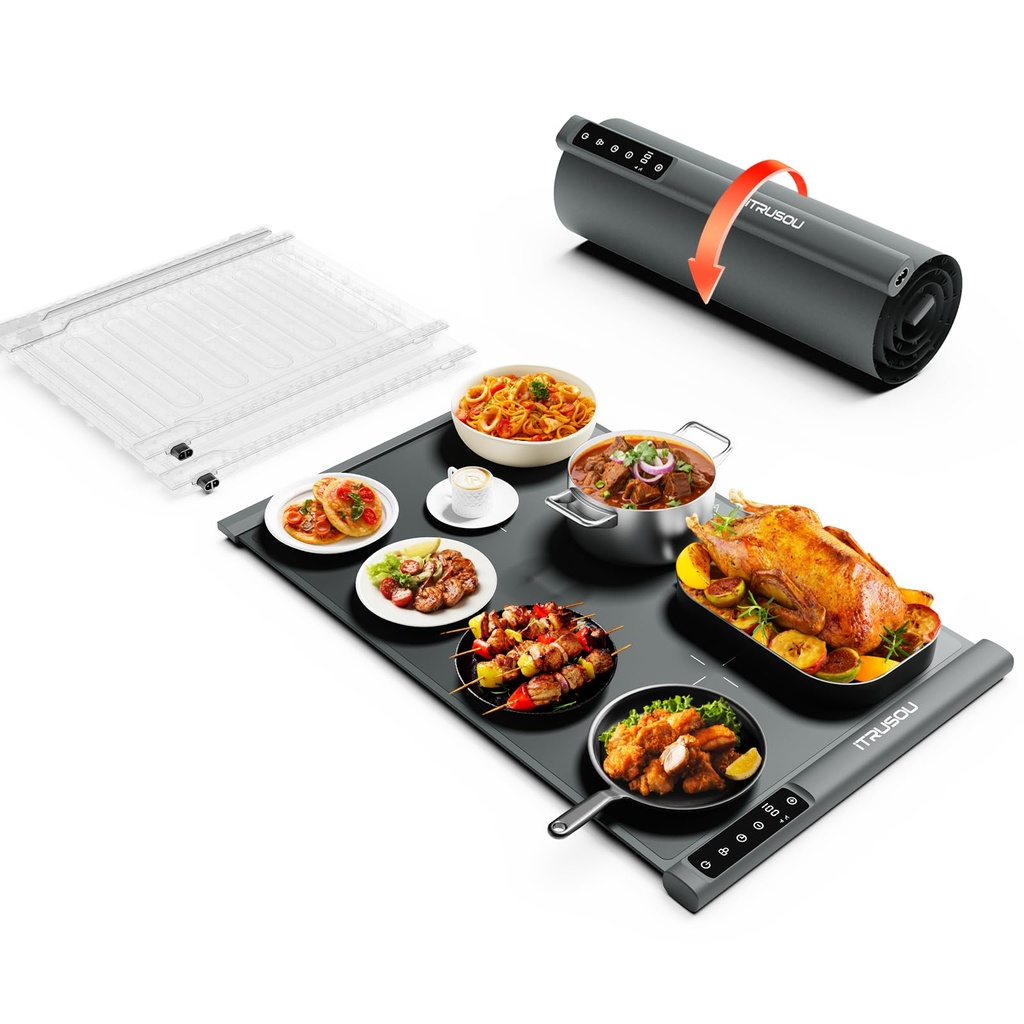 Food Warming Mat 25.2x16" Ã¢Â€Â“ Extendable Roll-Up Electric Warming Tray with 7 Temp Setti
