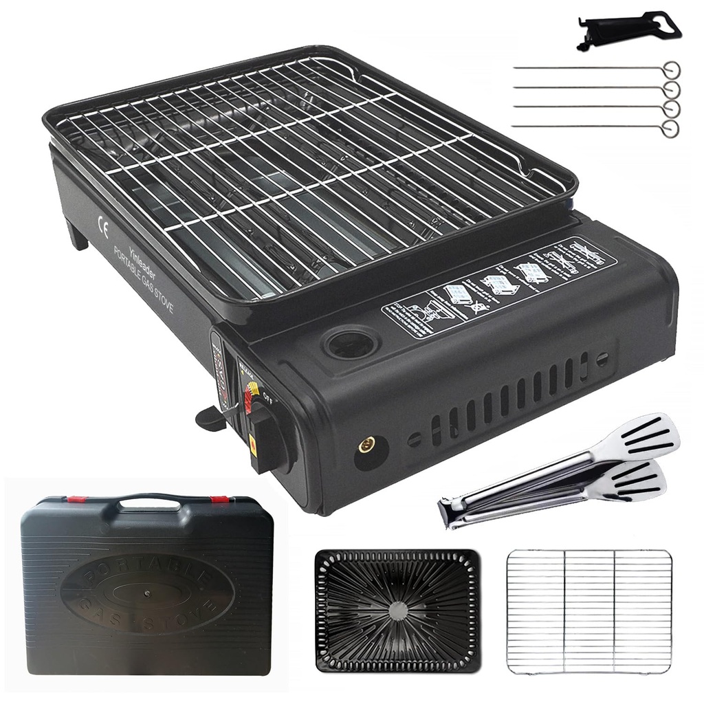 Portable Gas BBQ Camping Grill Set, Grill Dish, BBQ Net, with suitcase (Not included gas tan