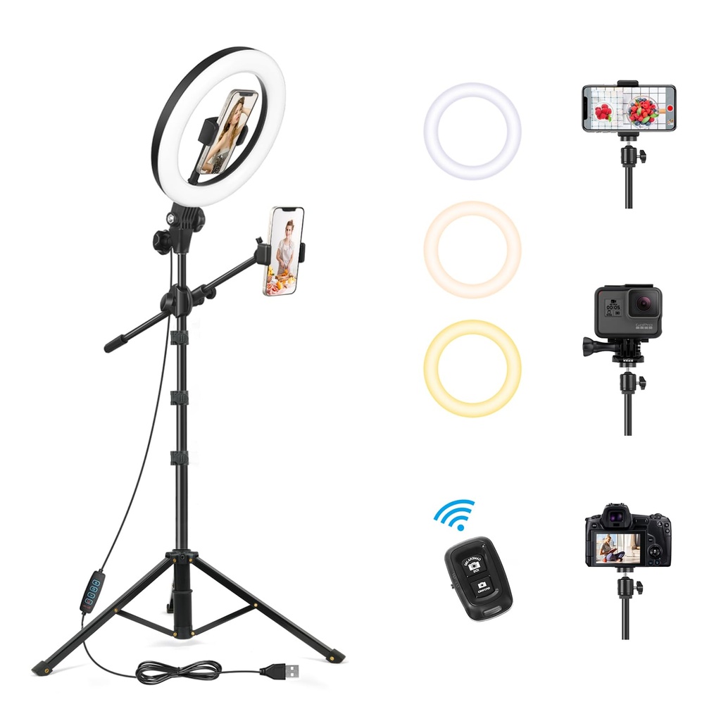 LUXSURE 10.5" Ring Light with Tripod Stand & Phone Holder, Overhead Phone Mount with Feature