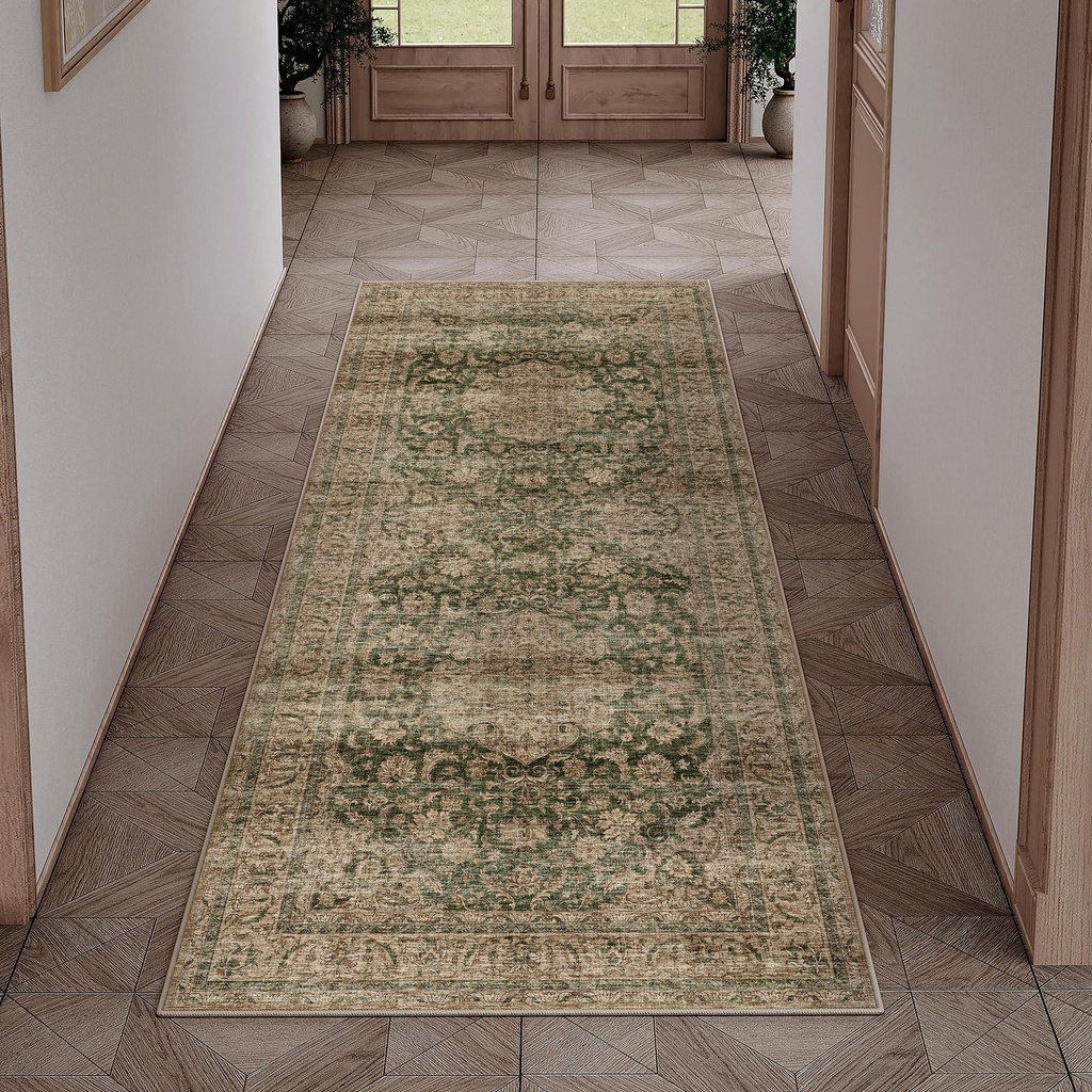 HUGEAR Vintage Hallway Runner Green Long Area Rug 60x180cm Washable Non Slip Rugs Lounge Bed