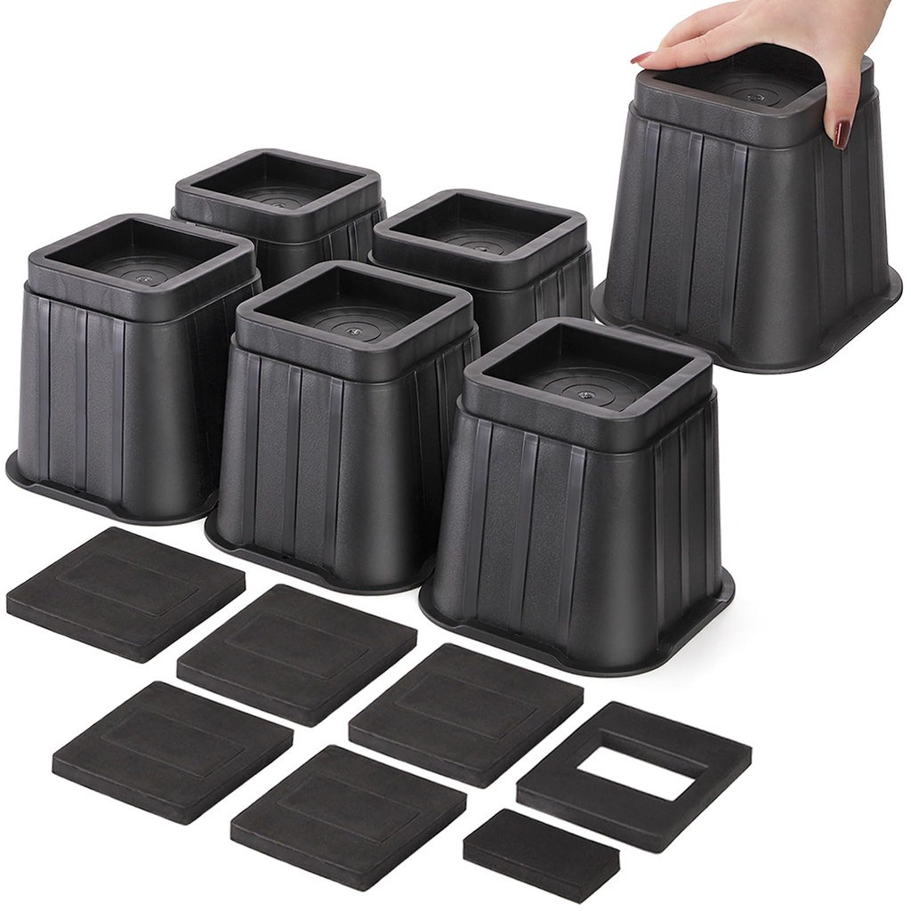 Coloch 6 Pack 5 Inch Bed Furniture Risers, Black Heavy Duty Furniture Frame Lift Square Bed
