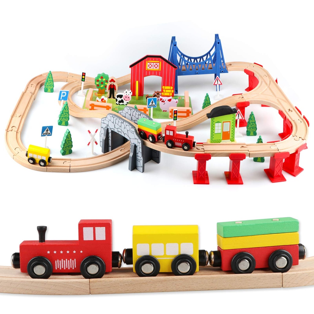 Jacootoys 80PCS Wooden Train Tracks Set Magnetic Trains Educational Construction Toy Wooden