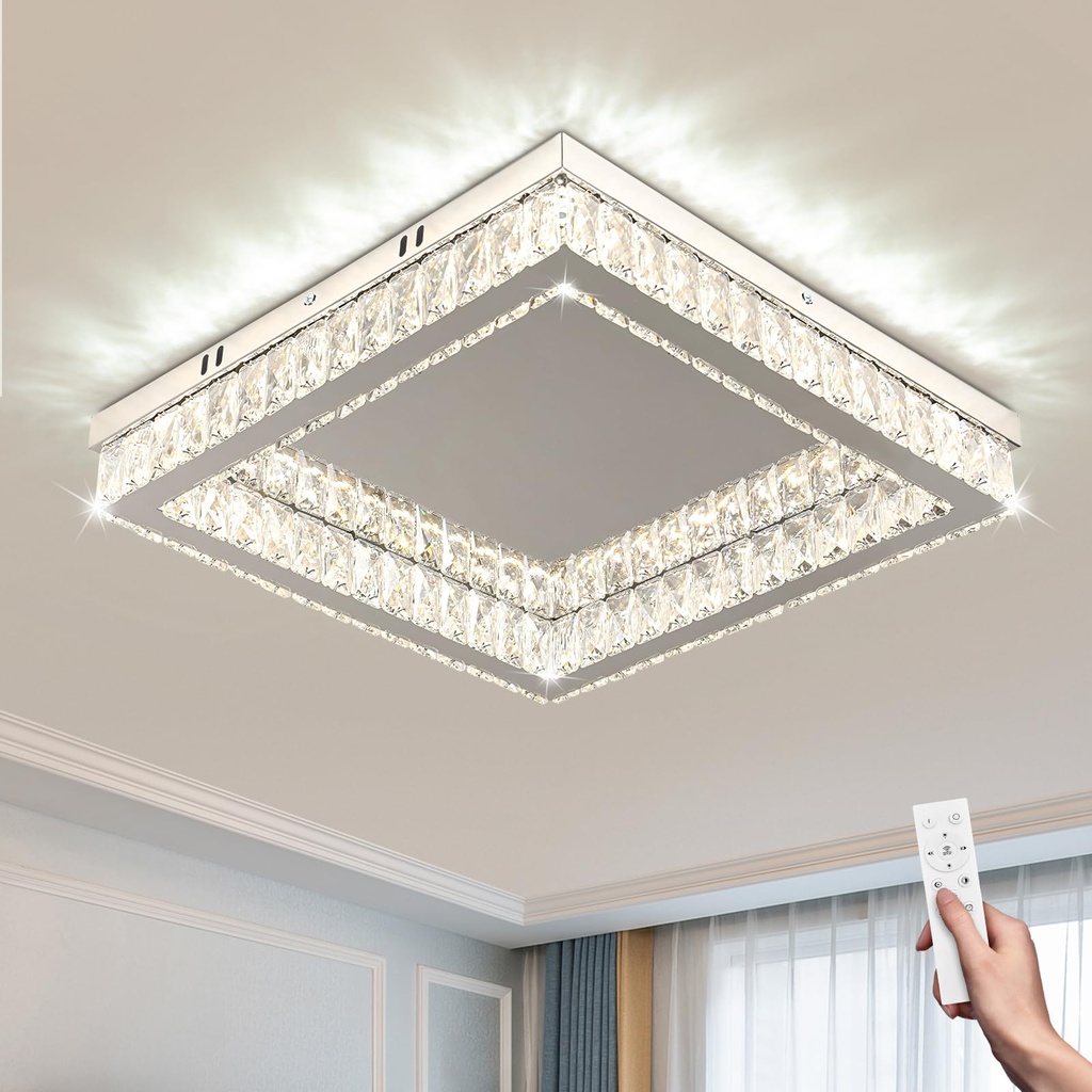 xychfantligh Dimmable 17.7" Square Crystal LED Ceiling Light, Modern Crystal Chandelier Ligh