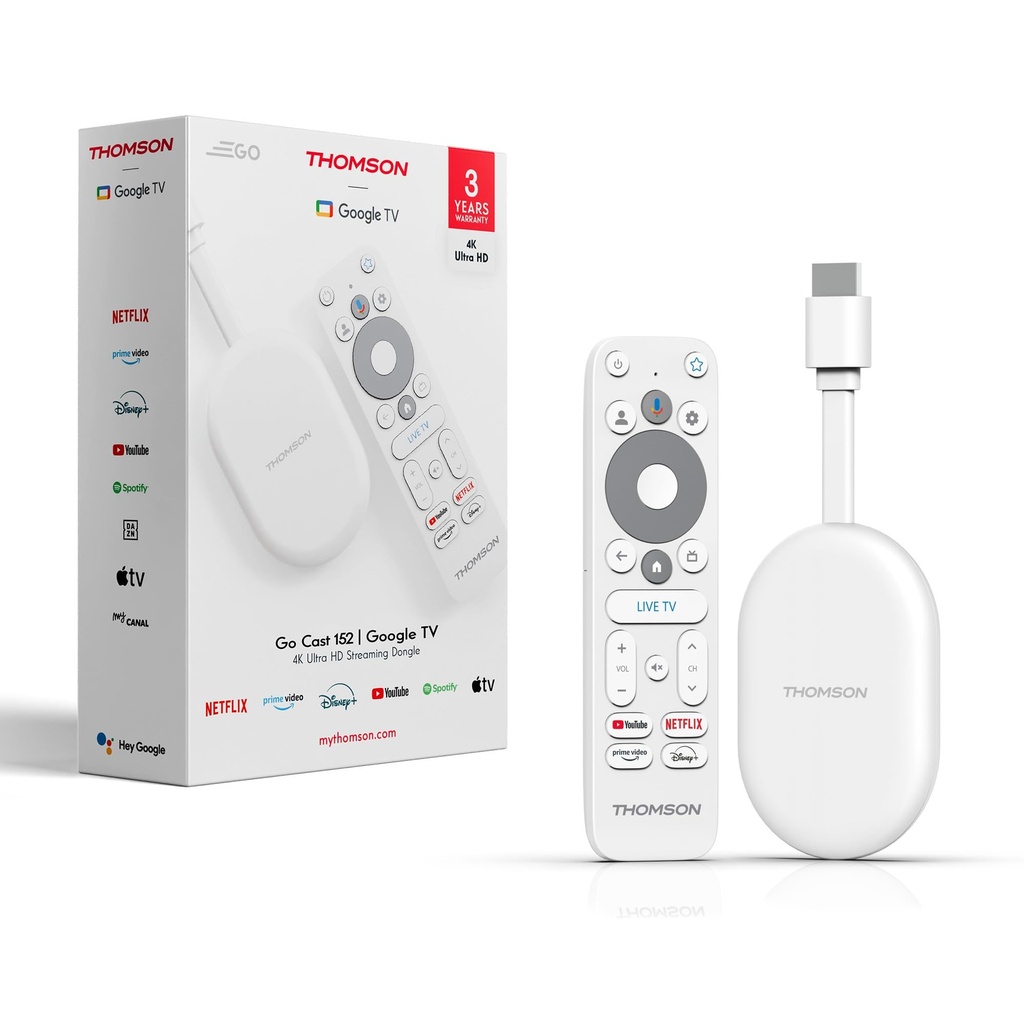 Thomson Go Cast 152 Streaming Dongle, 4K UHD Google TV, Voice Control, Google Cast, Dolby At