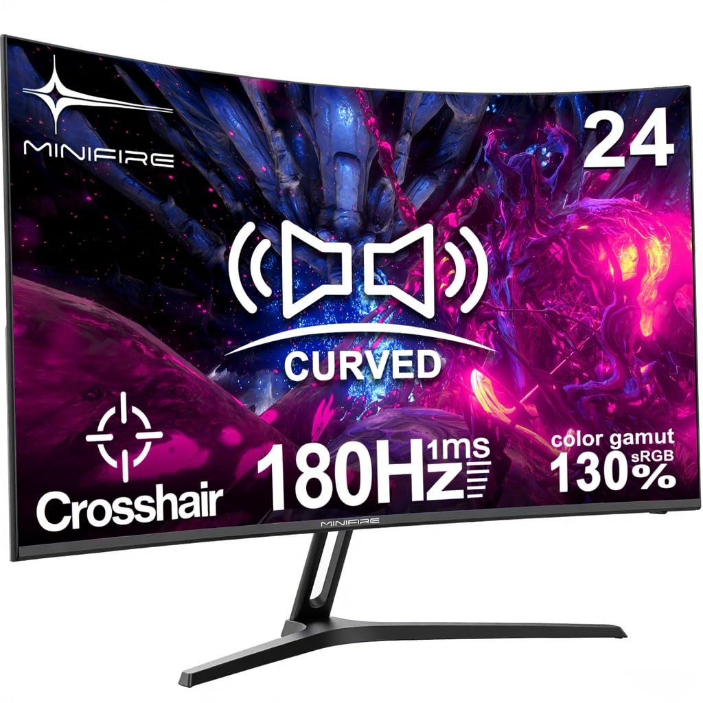 Minifire 24 Inch Curved Gaming Monitor 180Hz, Built in Speaker, FHD 1920x1080, Crosshair 1ms