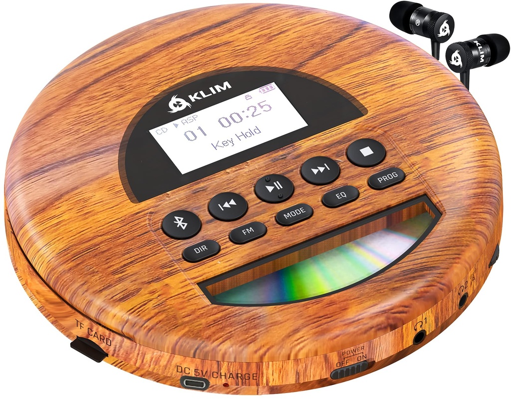 KLIM Nomad Wood - NEW - Portable CD Player - Long-Lasting Battery - Includes Headphones- Com