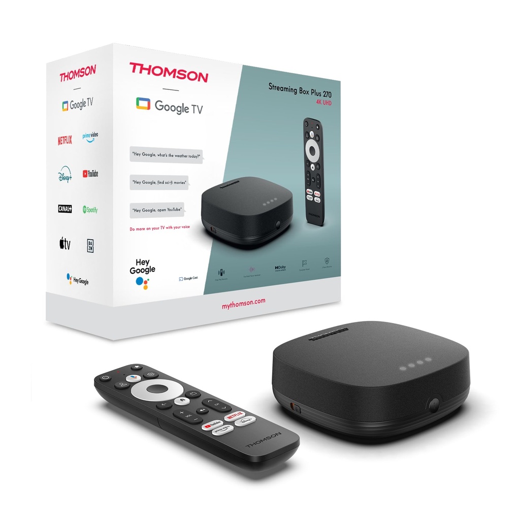 Thomson Streaming Box 270UK Plus, Built-in Speaker for Voice Control, Google TV, Netflix