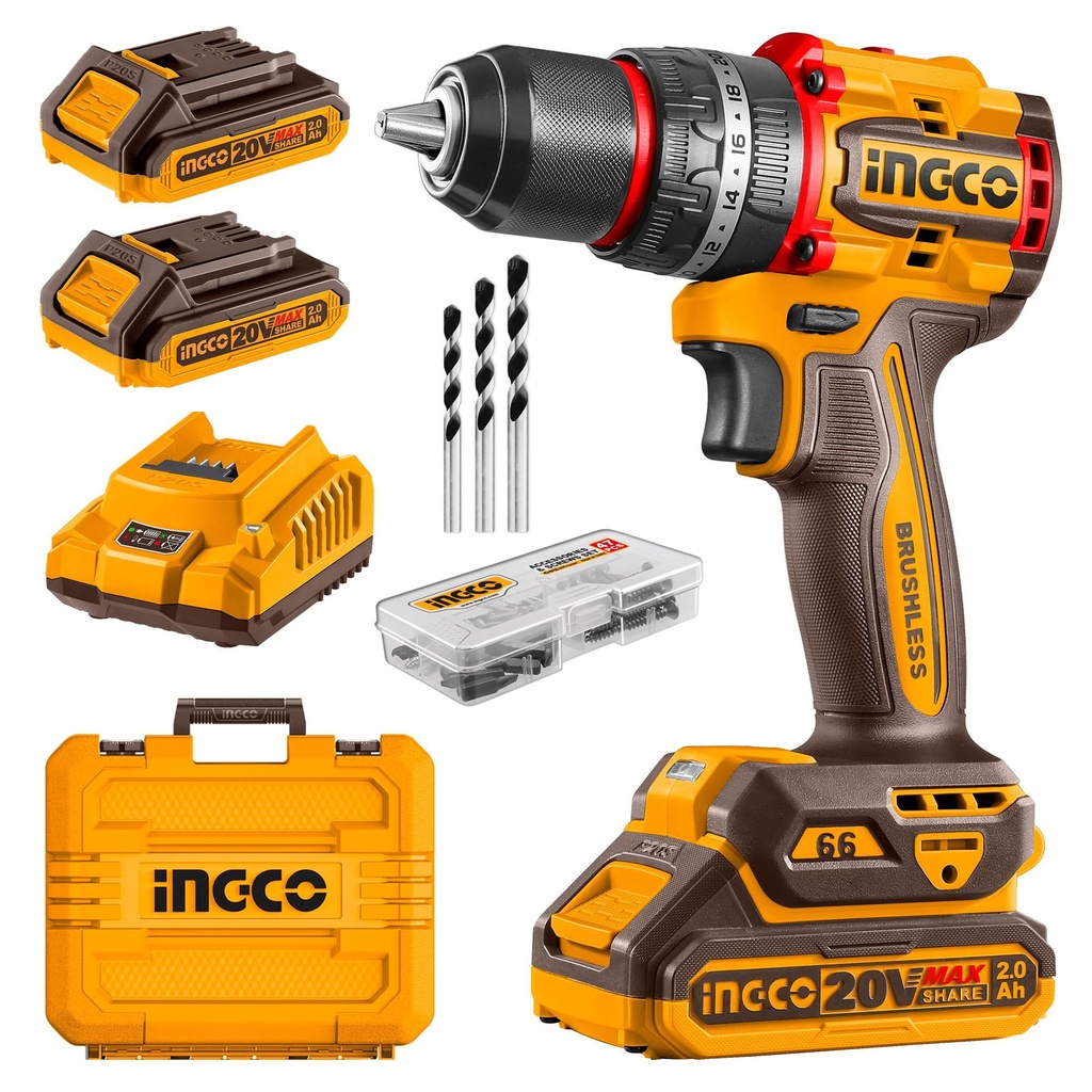 INGCO 20V Cordless Brushless Hammer Drill, Compact Impact Drill 66NM, Variable Speed Control
