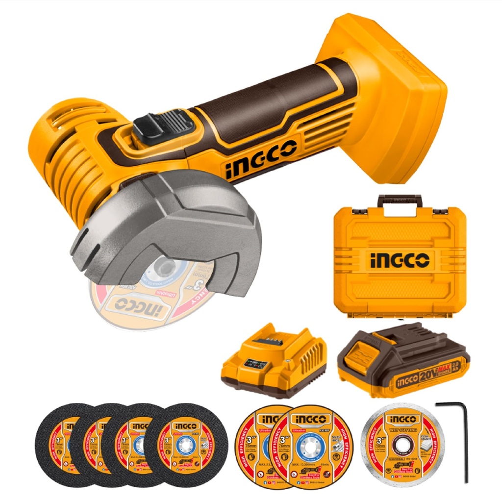 INGCO 20V Cordless Mini Angle Grinder 19500RPM, 76mm Disc Diameter, Mini Cutter Cut-Off Tool