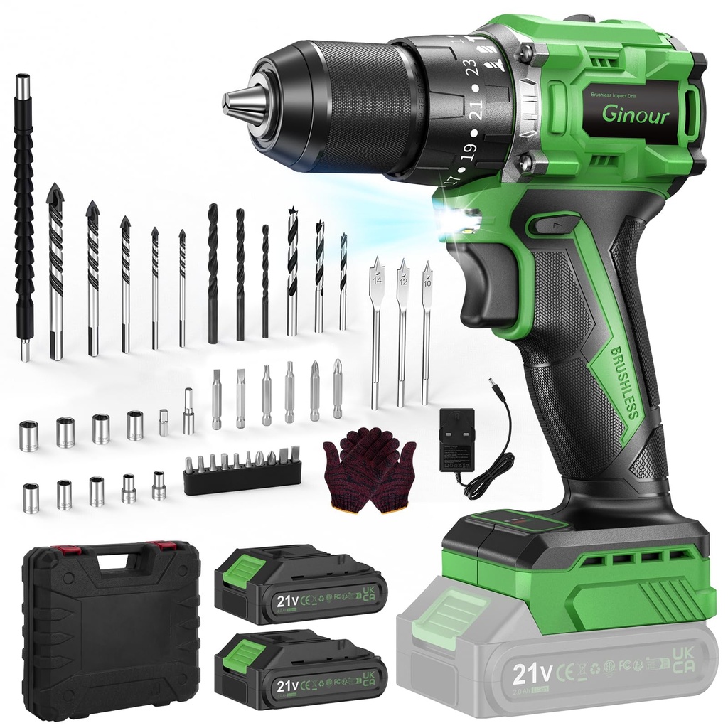 Ginour 21V Brushless Cordless Combi Drill Set, 2x2.0Ah, Hammer Drill 50Nm