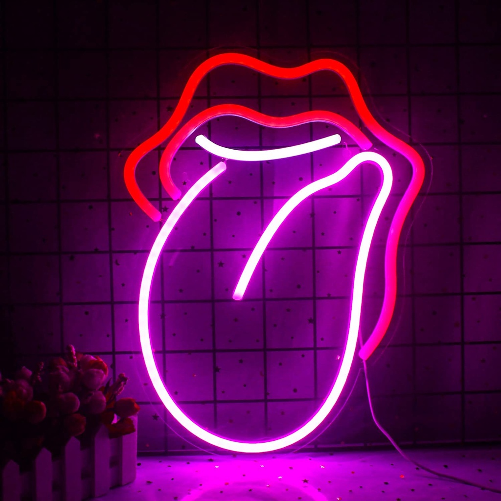 Wanxing Lips Neon Sign Flame Red Lips Big Tongue Shape Neon Signs for Wall Decor Red-Pink N