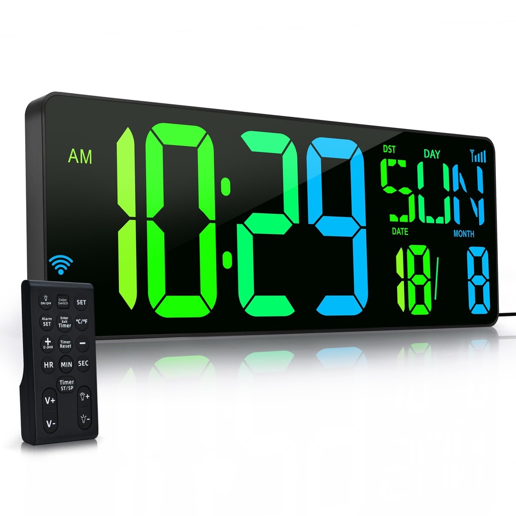 KRSTIR Large Digital Wall Clock with Remote Control 17.2" LED Large Display Timer with Temp