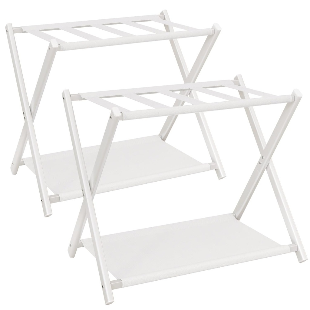 IBUYKE Luggage Rack for All Suitcase Sizes,Foldable Suitcase Stand with Fabric Storage Shelf