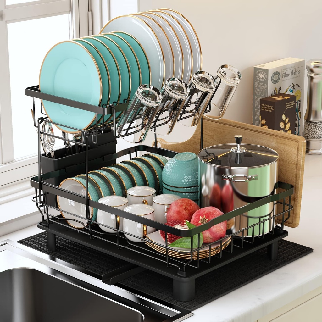 MAJALiS 2 Tier Black Large Dish Drainer Drying Rack Drying for Kitchen Sink with Drip Tray,