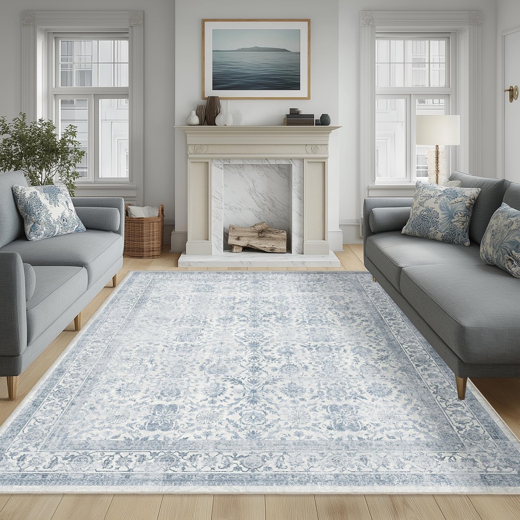 Beauoop Washable Area Rug Blue Neutral Vintage 160x230 cm Non Slip Low Pile Traditional Indo