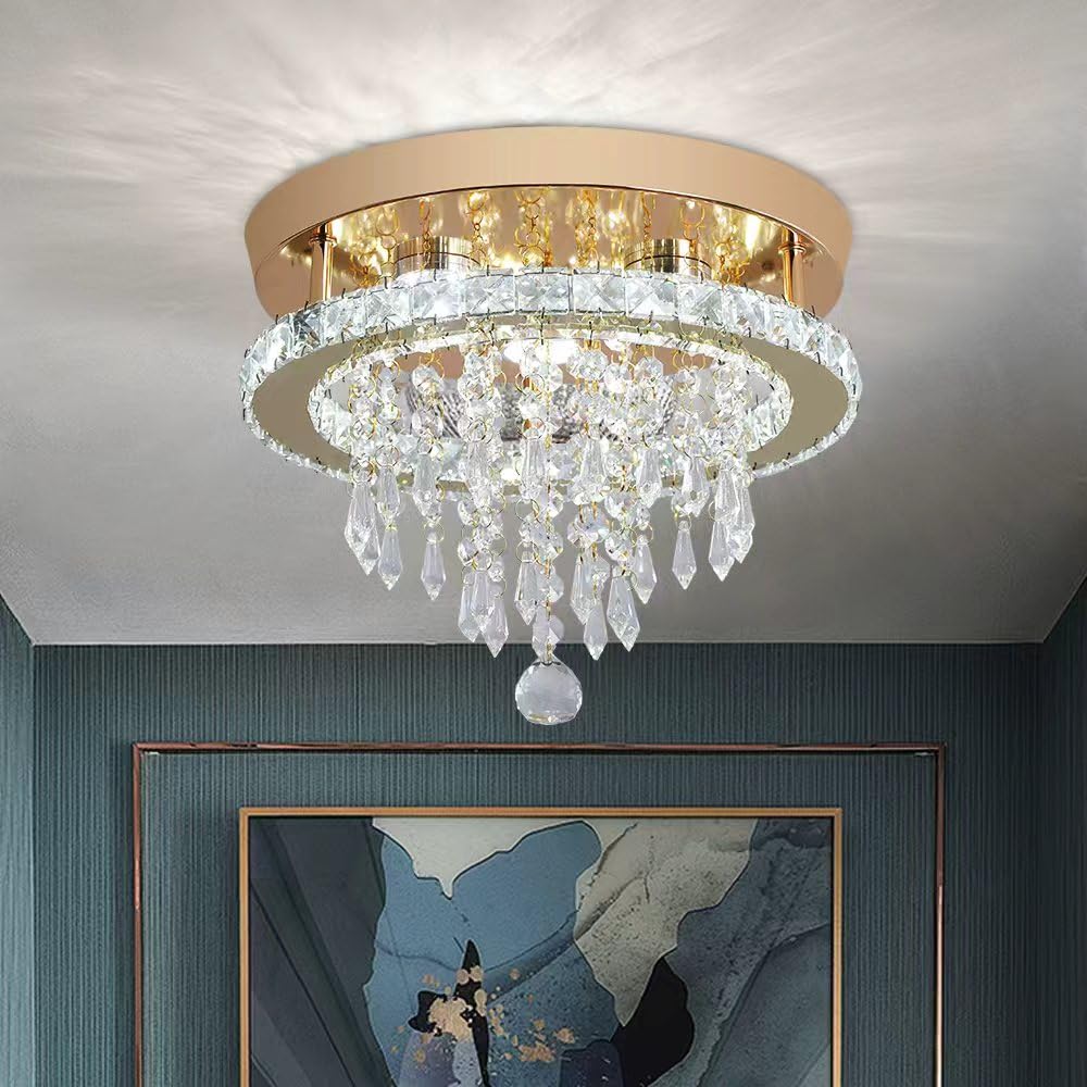 Deckrico Modern Gold Crystal Chandelier LED Ceiling Light Flush Mount Lighting Fixture for B