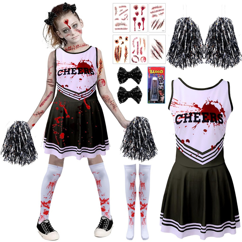 Zombie Cheerleader Costume Kids, Bloody Zombie Cheerleader, Fancy Kids Cheer-leader Costume