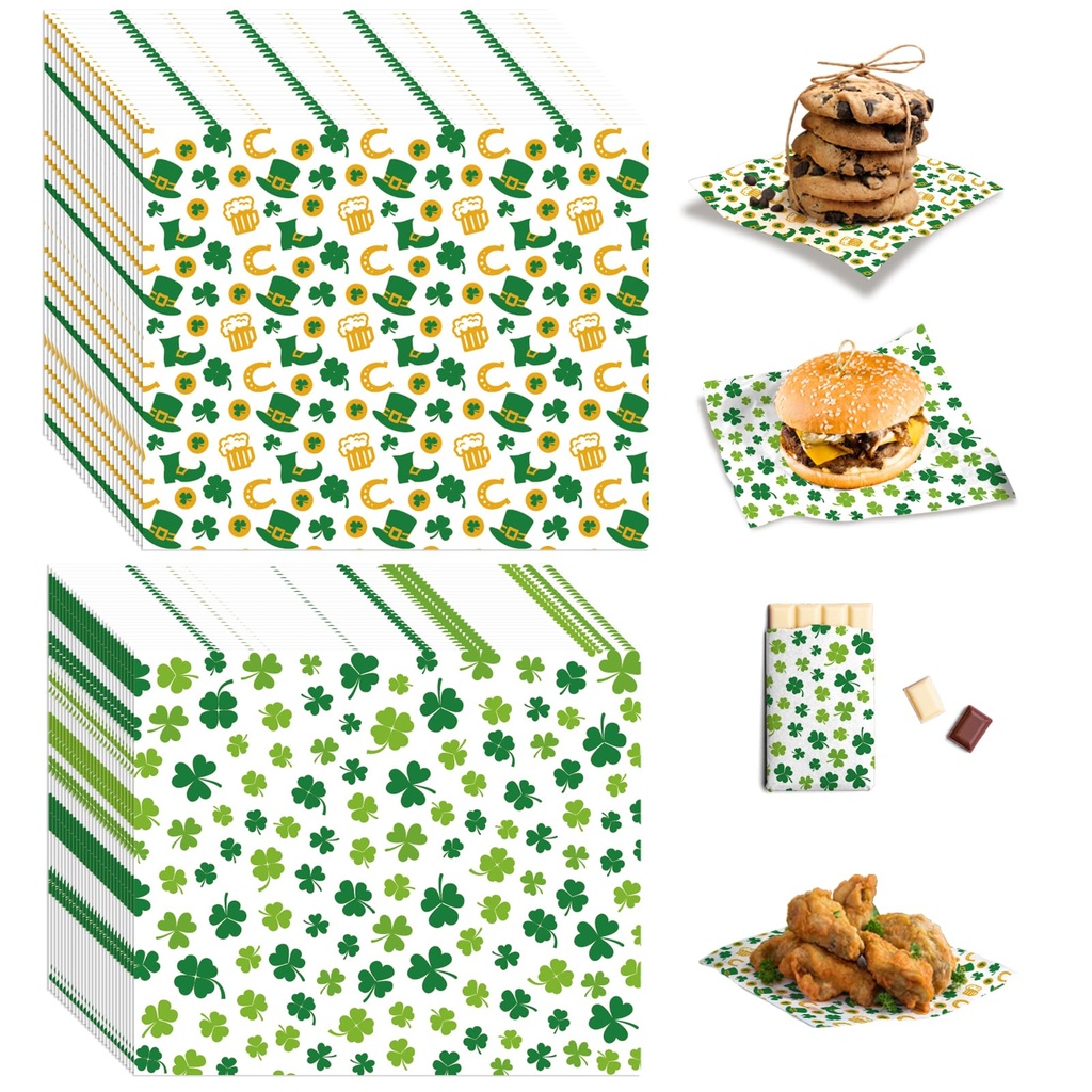 100 Pcs Shamrock Wax Paper Sheets for Food Clover Food Basket Liners, PLULON St. Patrick's